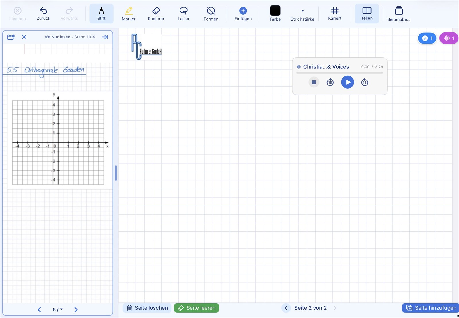 Geteilte Ansicht: links PDF-Lesebereich, rechts beschreibbare Heftseite